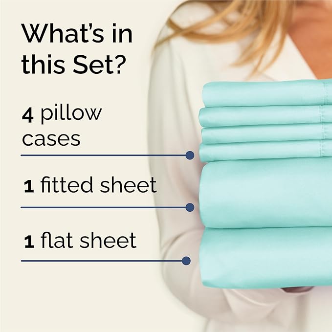 King Sheets Set 6 Piece - Includes 4 Pillowcases - Bed Sheets King Size - Soft Hotel Luxury Bedding - Cooling, Comfy, Cozy & Breathable - 1 Flat & 1 Fitted & 4 Pillowcases w/ Deep Pockets - Spa Blue
