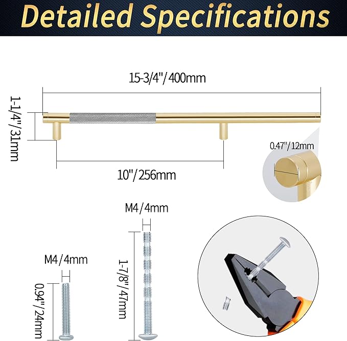 Knurled Cabinet Pulls 2 Pack, 16 Inch Long Cabinet Handles Metal Door Pulls, Kitchen Drawer Pull Knurled Dresser Handles - 10" Hole to Hole, Grey & Gold