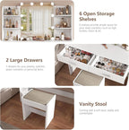 usikey Vanity Desk with Mirror and Lights, Makeup Vanity Set with 2 Drawers and Open Shelves, Makeup Vanity Desk Dressing Table with Cushioned Stool and 10 LED Lights, White