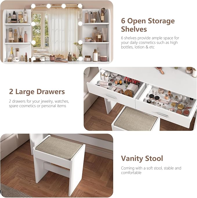 usikey Vanity Desk with Mirror and Lights, Makeup Vanity Set with 2 Drawers and Open Shelves, Makeup Vanity Desk Dressing Table with Cushioned Stool and 10 LED Lights, White