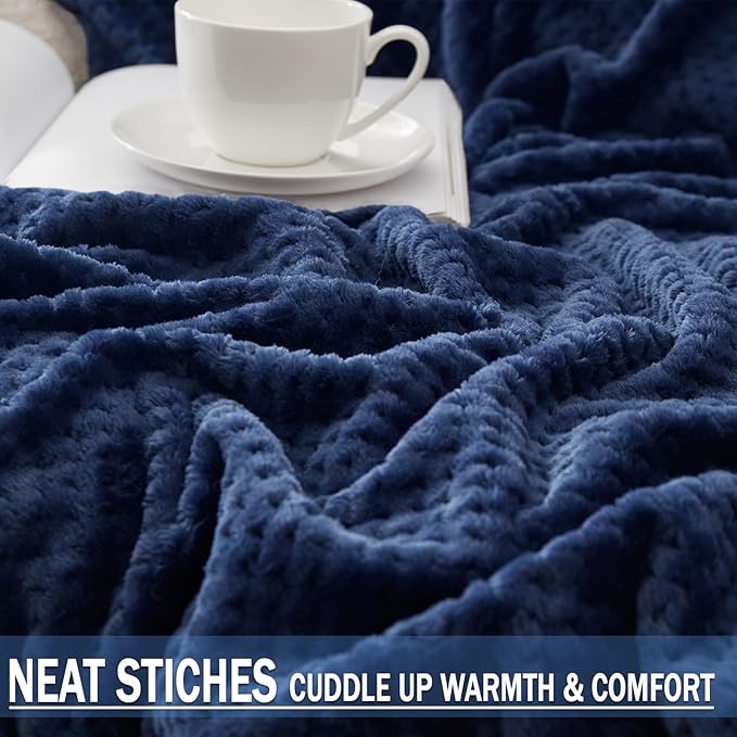 Exclusivo Mezcla Fleece Bed Blanket Twin Size, Super Soft and Warm Blankets for Couch, Sofa and Bed Waffle Textured, Cozy, Fuzzy and Lightweight (Navy Blue, 60x80 inches)