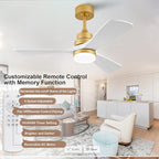 BOJUE 42 Inch Wood Ceiling Fans with Lights and Remote, White Gold Outdoor Ceiling Fan with Light, Dimmable 3 Blades Outdoor Fans for Patios Noiseless Modern Ceiling Fans for Bedroom Living Room