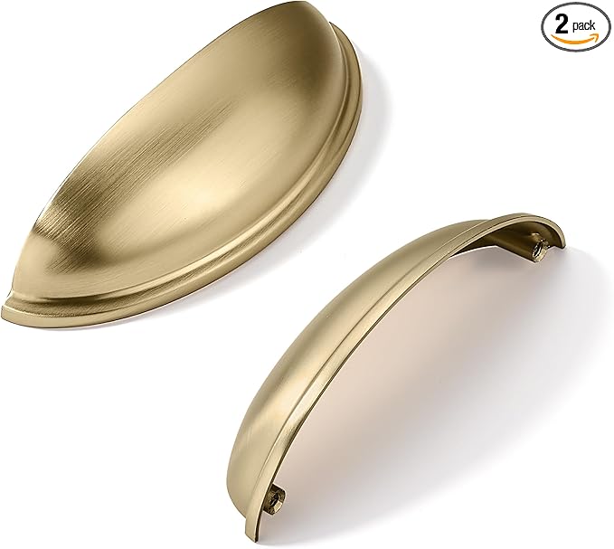 khtumeware 2 Pack 3-3/4" Gold Drawer Pulls Brushed Brass Cabinet Cup Pulls Kitchen Hardware Cabinet Handles Drawer Handles Knobs 3-3/4 inch Hole Center