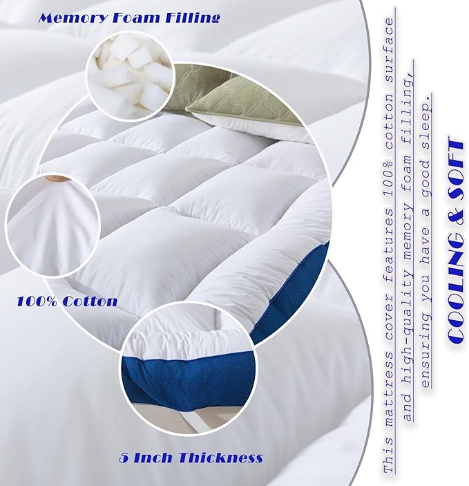 WhatsBedding 5 Inch Memory Foam King Mattress Topper 100% Cotton Top, Filled with Breathable & Soft Memory Foam Pillow Top,4 Elastic Straps, 80x78x5 Inch, King