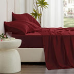 Love's cabin 4Piece California King Satin Bed Linen Set, Burgundy Silky Satin Sheets, Deep Pocket, Luxury Silk Feel, 1 Flat, 1 Fitted Sheet, 2 Pillow Cases
