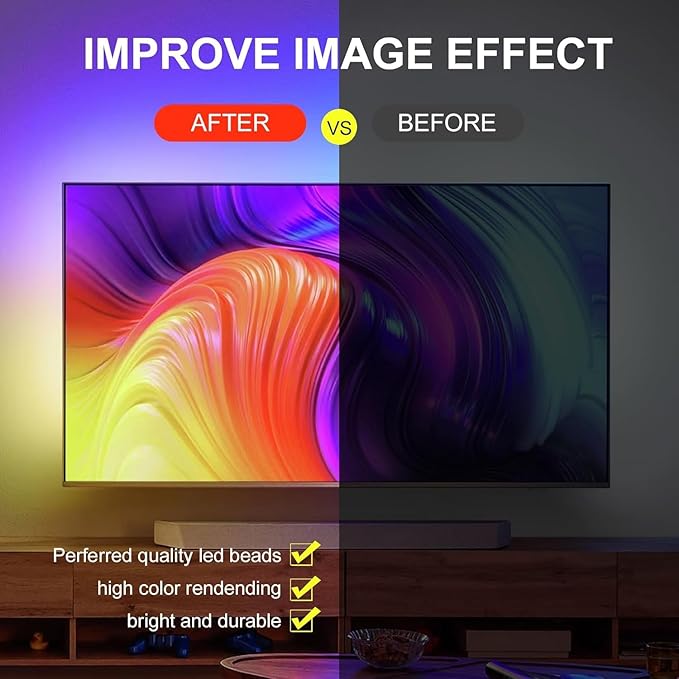 Smart LED Lights for TV Strip, 6.56ft RGB LED Lights for 32-40 Inch TVs, Music Sync Bluetooth App & Remote Control, USB-Powered for Gaming, Bedroom, Home Theater