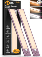 Gritin 10.2inch Under Cabinet Lighting Rechargeable -84 LED Super Bright,3-Color& 5 Level Brightness,4 Modes,Motion Sensor, Long Lasting- Easy Installation Magnetic Closet Lights -2 Pack-Mauve