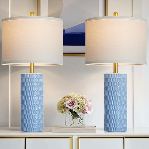27" Blue Ceramic Lamps Set of 2, Coastal Ceramic Table Lamps for Living Room with Rotary Switch, Classic Bedside Lamp for Nightstand, Tall Lamps for Bedroom Side End Table Home Decor