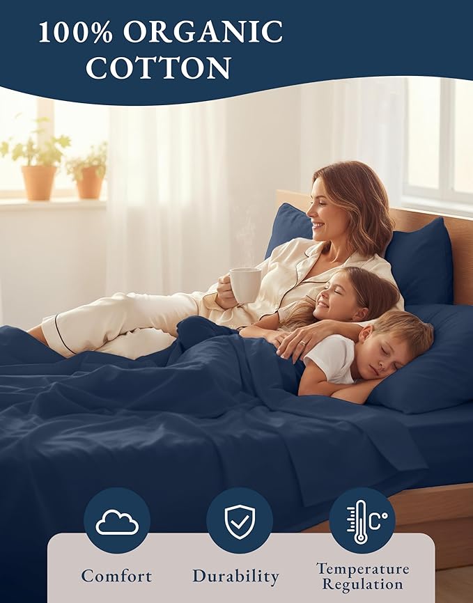LANE LINEN 100% Organic Cotton Mercerized Twin XL Sheet Set, Reinforced Seams Machine Washable Extra Long Twin Bedding Set, Luxury Hotel Quality Cotton Sheets - Navy
