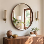 WallBeyond Round Wood Mirror, 32" Round Modern Decoration Large Circle Wall Mirror for Bathroom Living Room Bedroom Entryway, Walnut