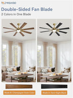 ZMISHIBO 62 Inch Black and Gold Ceiling Fans with Lights and Remote, Indoor/Outdoor Ceiling Fan for Patio Living Room, 6 Speed Reversible Quiet DC Motor, 3 CCT, Dual Finish Blades