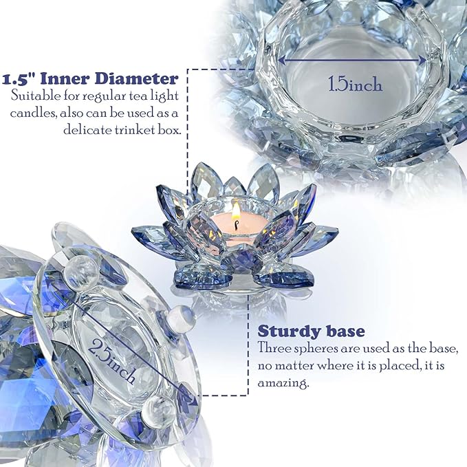 Crystal Lotus Flower Tealight Candle Holders/Glass Tea Light Candlestick Decor Decoration for Christmas Home Wedding Party… (Blue 2pcs)