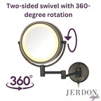 JERDON Two-Sided Wall-Mounted Makeup Mirror with Lights - Direct-Wired Lighted Makeup Mirror with 8X Magnification - 8.5-inch Diameter Mirror with Bronze Finish Wall Mount - Model HL75BZD