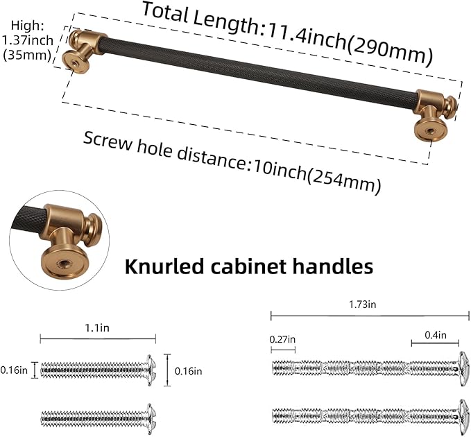 6 Pack 10 Inch (254mm) Matte Black and Champagne Bronze Cabinet Handles: Black Drawer Pulls