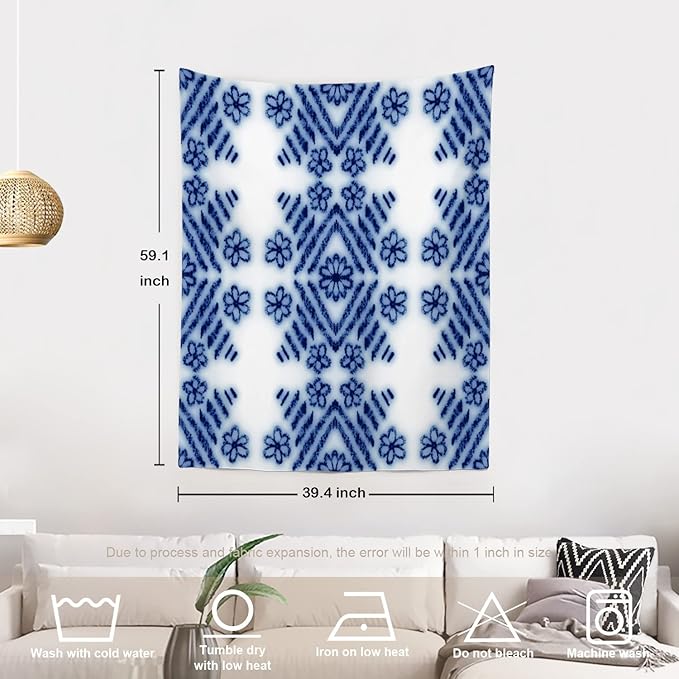 Batmerry Blue Art Flower Tapestry,Blue White Ceramic Glaze Tie Dye Wall Art Hanging Decoration Polyester Fiber White Ruffled Around for Dorm Room Bedroom Living Room, 59.1x39.4 inches
