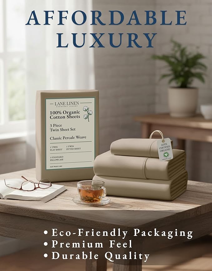 LANE LINEN 100% Organic Cotton Sheets Set Pure Long- Staple Percale Weave - Bedding for Bed Fits Mattress Upto 15in Deep Pocket (Twin Taupe)