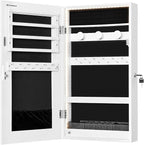 SONGMICS Mirror Jewelry Cabinet Armoire with Built-in LED Lights, Wall or Door Mounted Jewelry Storage Organizer, 3.8 x 14.6 x 26.4 Inches Hanging Mirror Cabinet, Gift Idea, White UJJC050W01