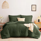 CozyLux King Size Comforter Set Olive Green Seersucker 7 Pieces Bed in a Bag King Comforter Set with Sheets, Luxury Bedding Set with Down Alternative Comforter, Sheets, Pillowcases & Shams All Seasons