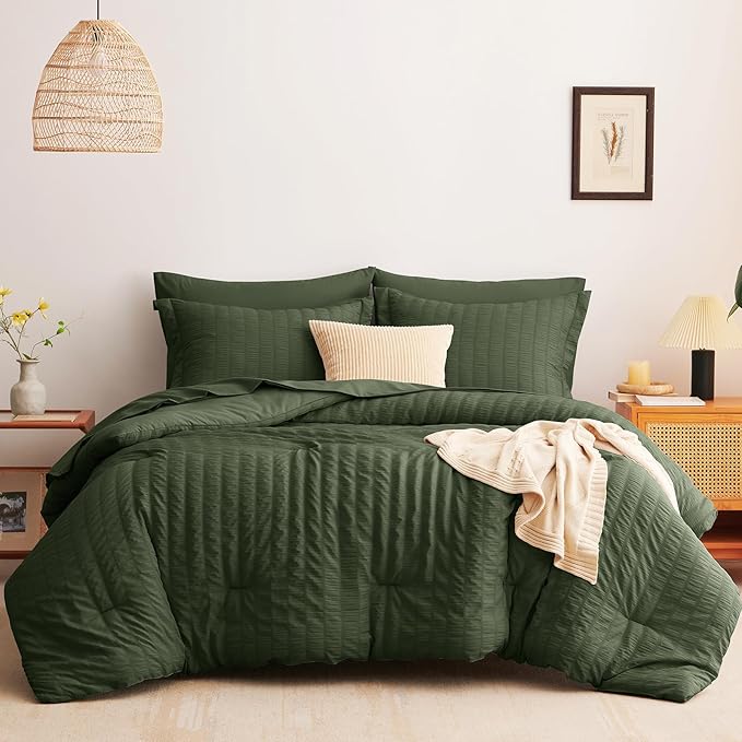 CozyLux King Size Comforter Set Olive Green Seersucker 7 Pieces Bed in a Bag King Comforter Set with Sheets, Luxury Bedding Set with Down Alternative Comforter, Sheets, Pillowcases & Shams All Seasons