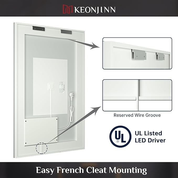 Keonjinn 48 x 28 Inch LED Bathroom Mirror, Lighted Bathroom Mirror with Lights, Shatter-Proof Tempered Glass, UL-Listed LED Driver, Fog Free, Dimmale 6000K, Easy to Install(Horizontal/Vertical)