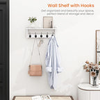 Homode Wall Shelf with Hooks, Coat Rack Wall Mount with Pegs, Hanging Entryway Coat Hanger, Wood and Iron Shelf for Bathroom, Hallway, Bedroom, White