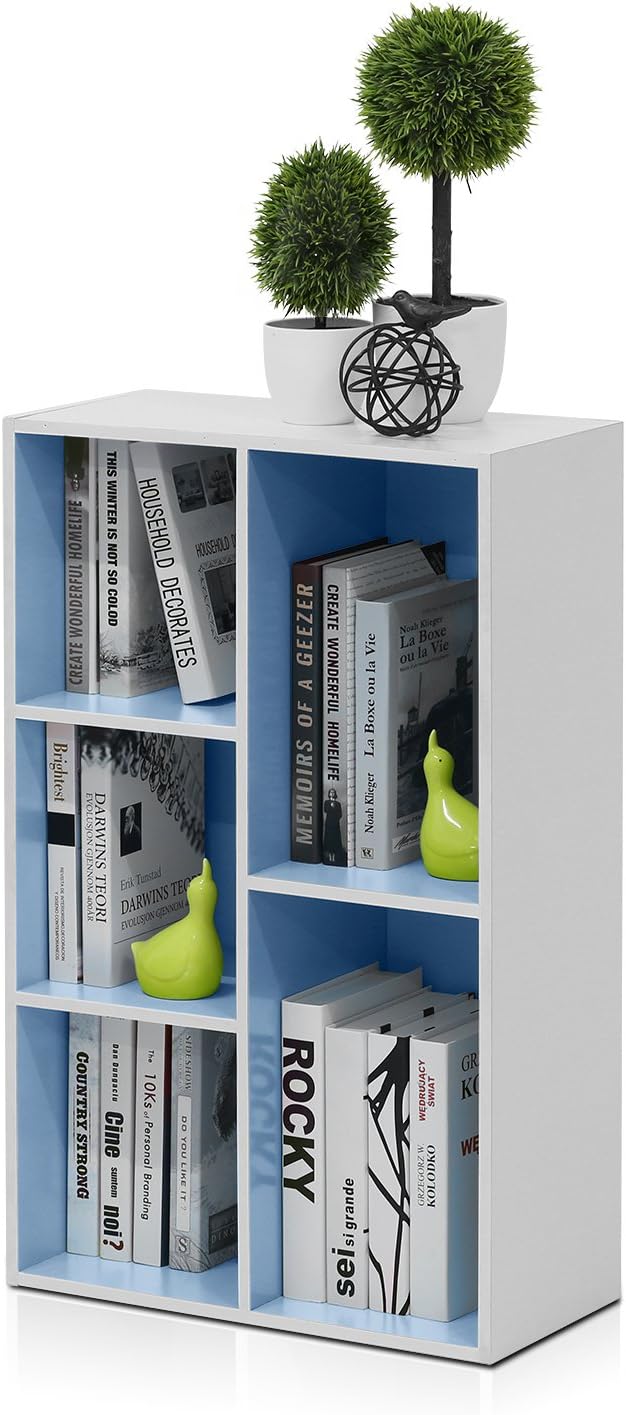 Furinno LUDER Book Shelf, 5-Cube Bookshelf, Reversible Bookcase, 9.4" x 19.5" x 31.5", for Living Room, Bedroom, Home Office, White/Light Blue