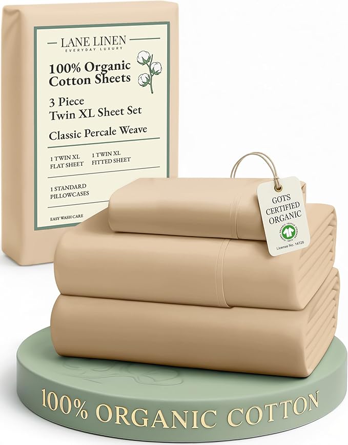 LANE LINEN Twin XL Sheets Set, 100% Mercerized Organic Cotton Twin XL Bed Sheets Set with sily Touch Finish, Soft and Comfy Fully Elasticized Percale Weave Low Pilling XL Twin Sheets Set -Linen
