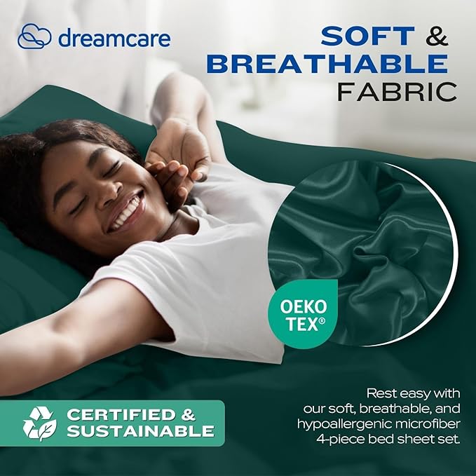 DREAMCARE Full Size Sheets Set - 4 Pcs Cooling Bed Sheets with Up to 15" Deep Pockets - Soft, Long-Lasting 100% Brushed Polyester with Side Pocket (Emerald Green)