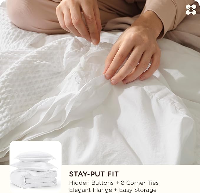 Bedsure Cotton Duvet Cover Full - 100% Cotton Waffle Weave Coconut White Duvet Cover Set, GentleSoft™ and Breathable Bedding Set for All Season, 3 Pieces, 80"x90"