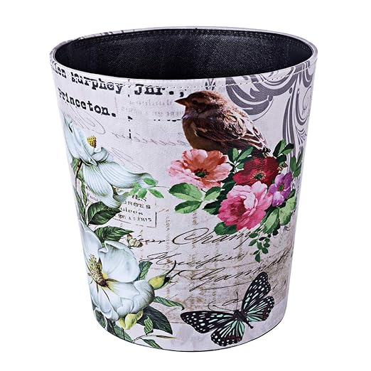 10L/2.64 Gallon Trash Can, Decorative Waste Basket, PU Leather Waste Paper Basket, Waterproof Garbage Can for Bathroom, Bedroom, Office, Kitchen and Living Room - Brown Bird