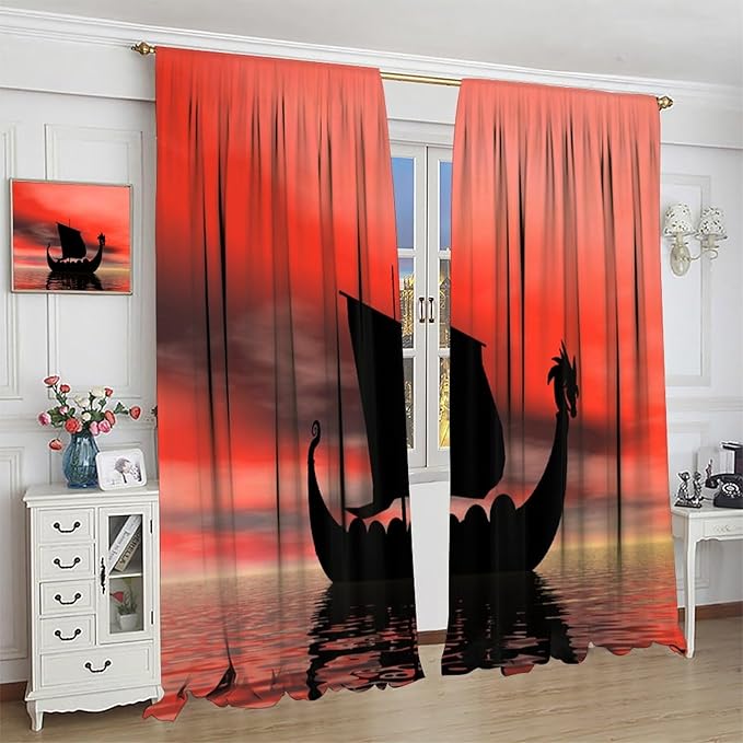 Viking Ship Curtains, Fantasy Ocean Vintage Sailboat at Sundown Nautical Themed Print Blackout Window Treatments for Boys Bedroom Living Room 63x72in