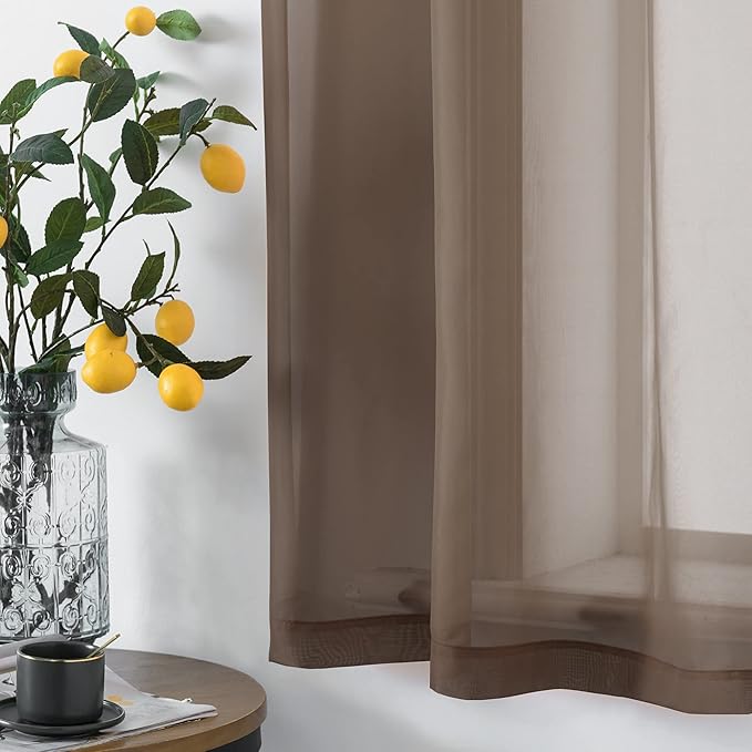 DUALIFE 2 Piece Semi Chocoalate Brown Sheer Curtains 63 inches Long Voile Panels Light Filtering Drapes Grommet Curtain Sheers for Living Room Transparent Bedroom 52x63 Inch Dark Brown