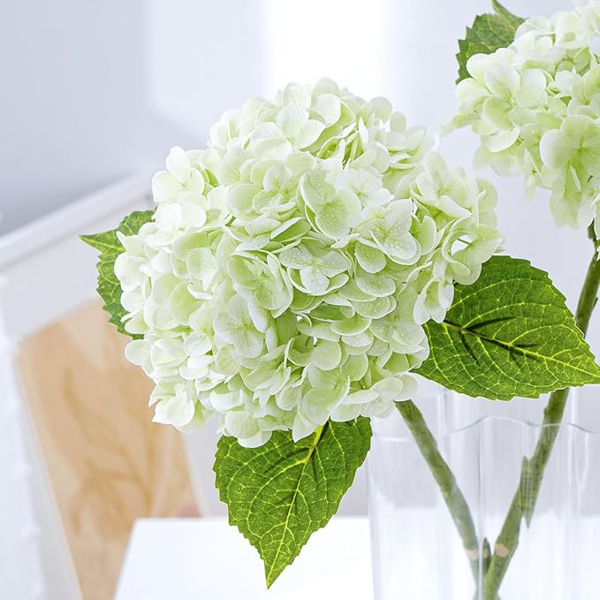 Waipfaru 4Pcs Real Touch Hydrangea Artificial Flowers, Green & White Fake Hydrangea Flowers, 21" Lifelike Latex Faux Hydrangea Flowers for Wedding Bouquet Home Decor Centerpieces