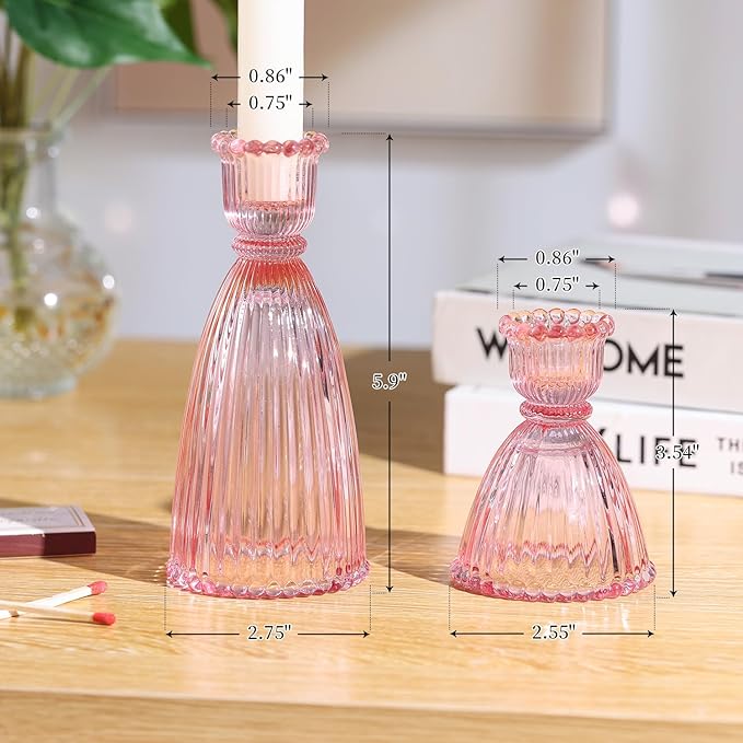 LAMORGIFT Pink Candle Holder Set of 6-4pcs 3.5"& 2pcs 6" Assorted Glass Pink Candlesticks Holder for Wedding Decor, Ribbed Taper Candle Holders Bulk for Bridal Shower, Home Table Centerpieces