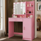 Vanity Desk with Mirror and Light, Large Drawer and Three Level Storage Dresser, 3 Lighting Modes Adjustable Brightness, Bedroom Dressing Table (Pink)