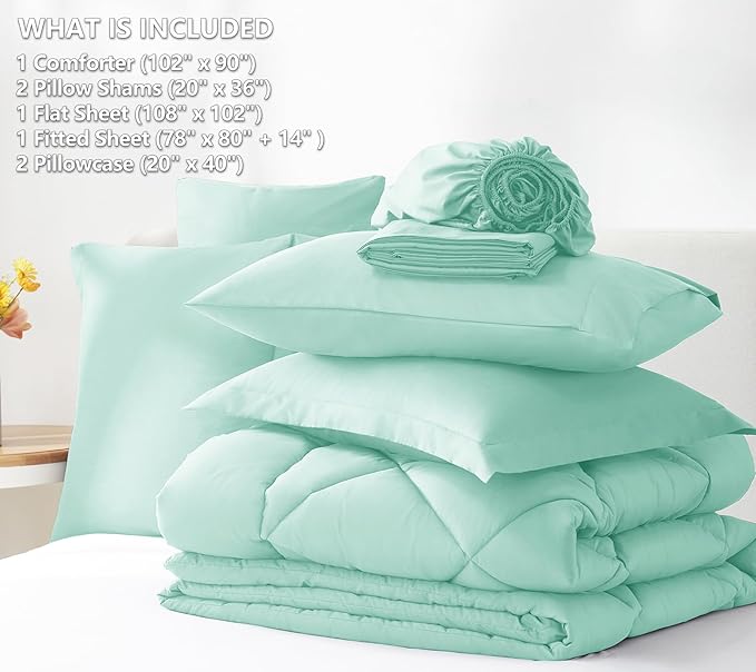 CozyLux King Size Comforter Set Mint Green - 7 Pieces Bed in a Bag King, Luxury Soft Bed Set for All Seasons, Bedding Set with Down Alternative Comforter, Sheets, Pillowcases & Shams