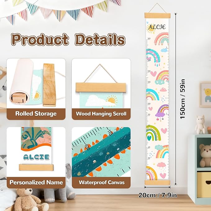 Personalized Rainbow Growth Chart for Wall Kids, Name Height Chart for Kids, for Nursery & Bedroom, Baby Shower Gift (60.6" x 8.3")