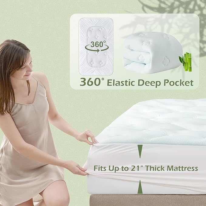 Hansleep Full Size Mattress Topper Viscose Derived from Bamboo, Memory Foam Pillow Top Mattress Topper Full with Deep Pocket, Breathable Mattress Pad for Back Pain Relief, 54" x75", White
