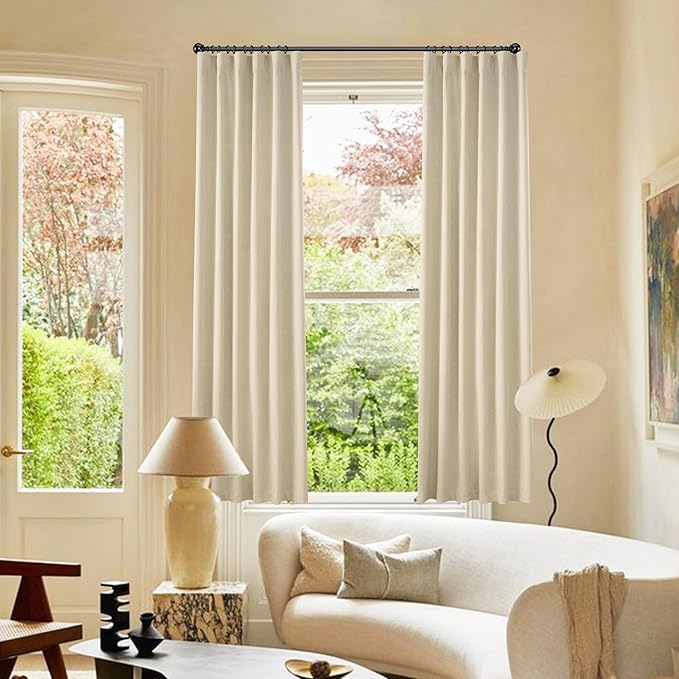 KangBang Thermal Blackout Curtains 63 Inch Length for Bedroom, Back Tab Loop Pocket Pleated Linen Woven Textured Curtains, 100% Light Blocking Drapes for Living Room(W52xL63,2 Panels,Natural Beige)