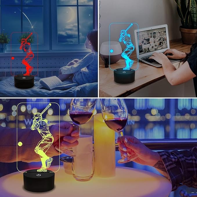 FULLOSUN Baseball 3D Night Light, Sport Gifts Bedside Lamp for Xmas Holiday Birthday Gifts for Baseball Fan with Remote Control 16 Colors Changing + 4 Changing Mode + Dim Function