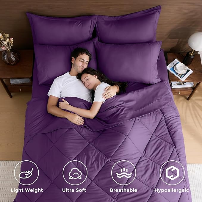 HEVUMYI Grape Purple King Comforter Set - 7-Piece All Season Bed in a Bag King, Ultra Soft Bedding Set with Comforter, Flat Sheet, Fitted Sheet, Pillowcases, Pillow Shams