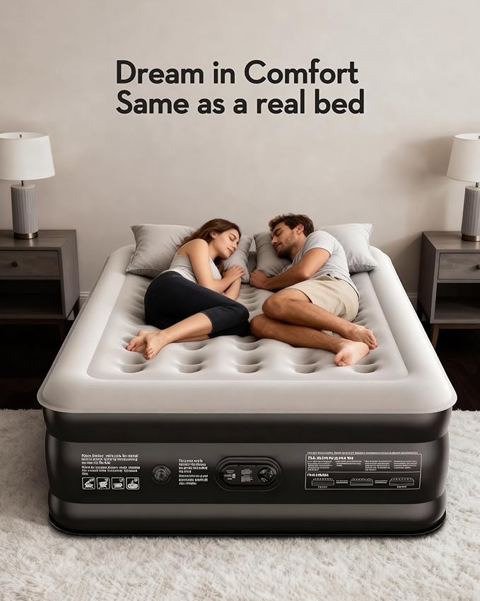 OhGeni 20" Queen Air Mattress with Built in Pump, Inflatable Blow up Bed, Upgraded Pillar Design, 3-Min Inflation Airbed for Guests,Better to Get up, 650LBS