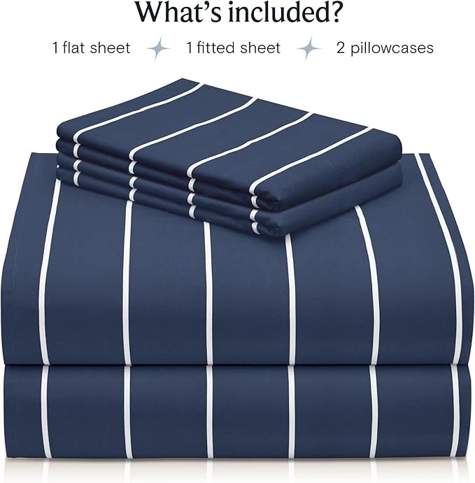 LuxClub 4 PC Cal King Size Sheet Set Bed Sheets, Breathable Luxury Deep Pockets Wrinkle Free Cooling Sheets Machine Washable Hotel Bedding (Cal King, Striped Navy)