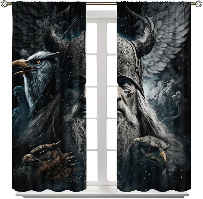 Fantasy Norse Viking Curtains,Cool Gothic Vintage Vikings Mystical Symbol Eagle Window Treatments Thermal Insulated Rod Pocket Blackout Drapes for Bedroom 2 Panels 72L x 31.5W