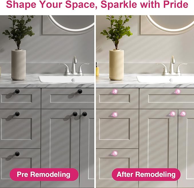 POZEAN Crystal Cabinet Knobs 12Pack, 1.57inch Dresser Knobs for Cabinet, Drawer with Two Different Sizes Screws, Diamond Glass Pulls Handles (40mm, 12Pack, Pink-Silver)