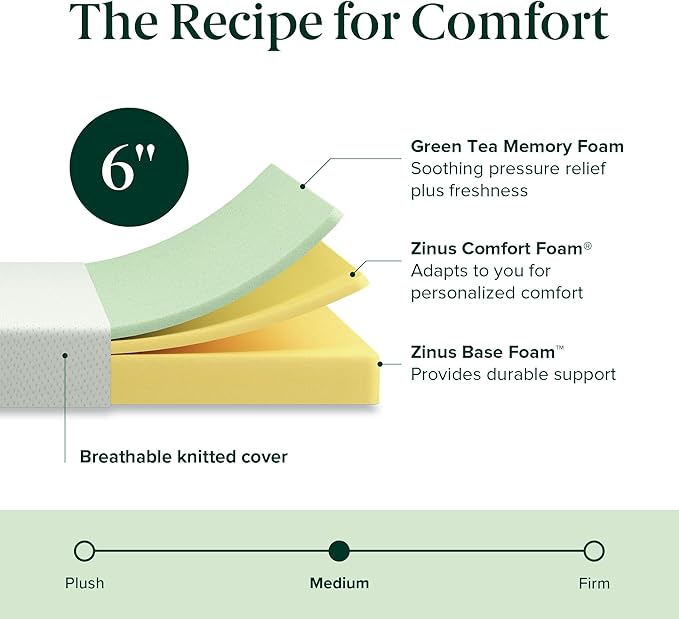 ZINUS 6 Inch 75" x 30" (Narrow Twin) Green Tea Memory Foam Mattress [New Version], Fiberglass free, Medium Firm Feel, Zoned Pressure Relief, Certified Safe Foams & Fabric, Mattress in A Box