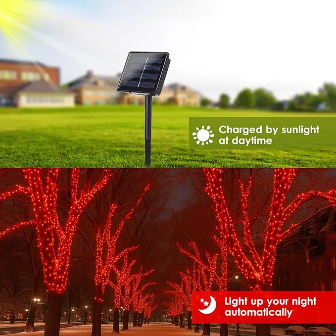 Solar String Lights Outdoor, 2-Pack Total 80FT 200 LED Solar Christmas Twinkle Lights Outside Waterproof Copper Wire 8 Modes Solar Fairy Lights for Garden Tree Party Birthday Christmas Decor (Red)