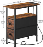 HOOBRO Set of 2 Narrow End Tables with Charging Station, Slim Side Table with 2 Fabric Drawers, Skinny Nightstand with Storage, Slim Bedside Table for Small Spaces, Rustic Brown and Black BF487UBZP201