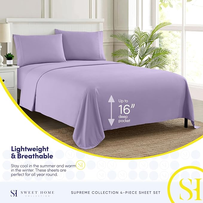 Twin Sheets - Breathable Luxury Sheets with Full Elastic & Secure Corner Straps Built In - 1800 Supreme Collection Extra Soft Deep Pocket Bedding Set, Sheet Set, Twin, Lavender