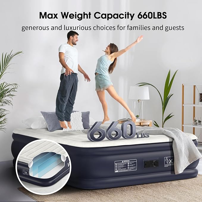 Air Mattress Queen with Built in Pump,18'' Inflatable Mattress of Vertical Beams,Self Inflatable/Deflation Blow Up Mattress in 3 Mins,Flocked Top Airbed with Carry Bag for Home, Camping